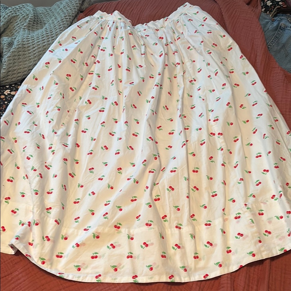Aerie White Midi Skirt with Cherry Print
